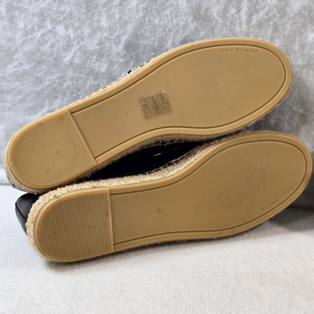 Tory Burch Espadrilles Leather Black Logo Slip On Loafers Shoes Size 8.5 - Picture 12 of 14